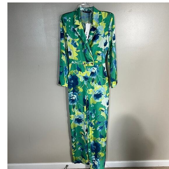 NWT ZARA Collared Floral Print Jumpsuit Green Multicolor Long Sleeve Size XS - Picture 3 of 8